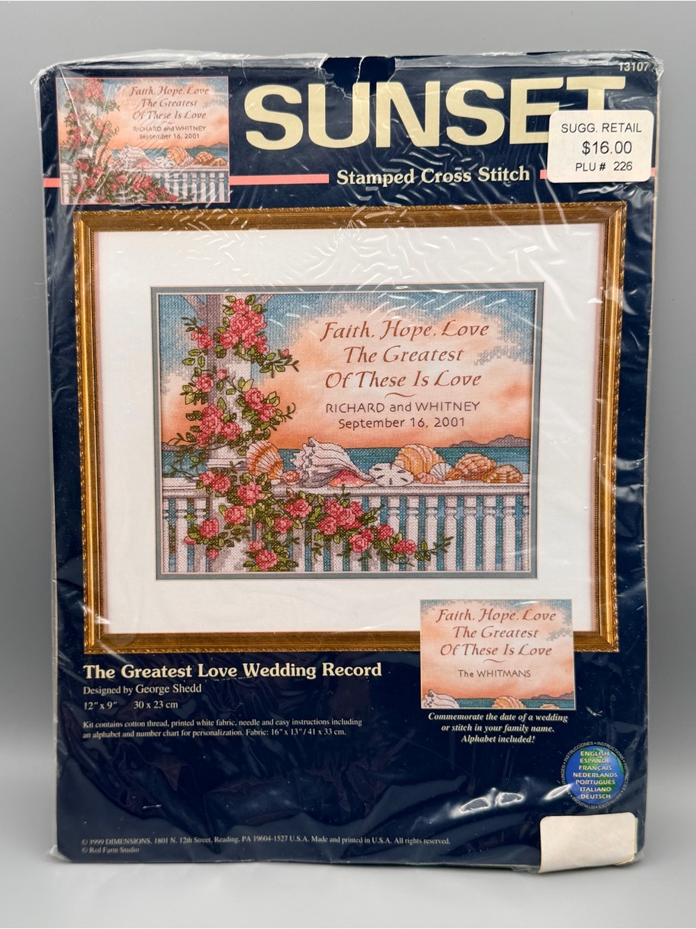 New Sunset Stamped Cross Stitch Kit Greatest Love Wedding Record 13107 Vtg. USA